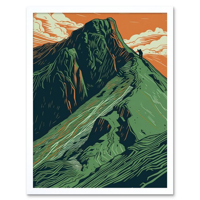 "Artery8 Wall Art Print Hiking the Striding Edge Orange & Green Linocut Art Framed in White - Size: W12"" x H16""" - image 1