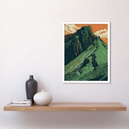 "Artery8 Wall Art Print Hiking the Striding Edge Orange & Green Linocut Art Framed in White - Size: W12"" x H16""" - thumbnail 2