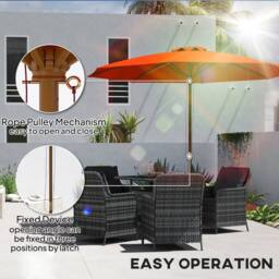 OUTSUNNY Wooden Garden Parasol with Rope Pulley Mechanism & 8 Ribs Orange - thumbnail 5