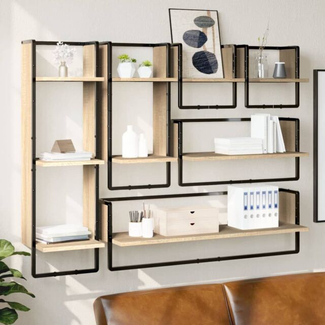 Berkfield Home 6 Piece Wall Shelf Set with Bars Sonoma Oak Engineered Wood in Brown - image 1