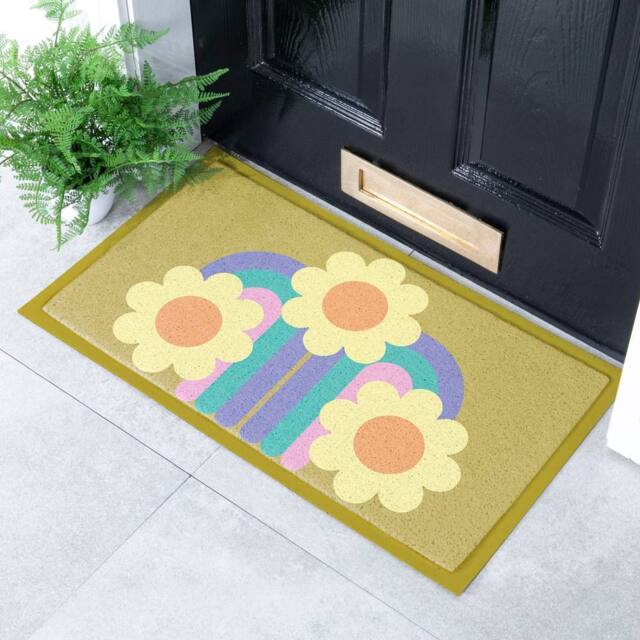Artsy Mats Elizabeth Olwen Three Flowers Indoor/Outdoor Doormat (70x40cm) in Mustard - Size: 40 cm x 70 cm - image 1