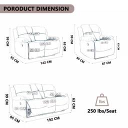 FURNITURE ONE Corduroy Fabric Electric Massage Sofa Suit - 3+2+1 Seater Set in Grey - thumbnail 4