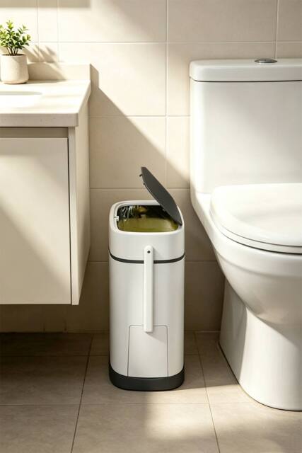 ExtraStar Slim Plastic Trash Can with Built-in Toilet Brush in White - image 1