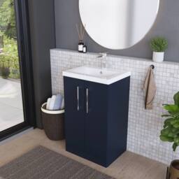 Balterley Contemporary Bathroom Floor Standing 2 Soft-Close Door Vanity Unit & Mid-Edge Ceramic Basin, Midnight Blue, 500 mm in Blue - thumbnail 4