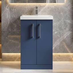 Balterley Contemporary Bathroom Floor Standing 2 Soft-Close Door Vanity Unit & Mid-Edge Ceramic Basin, Midnight Blue, 500 mm in Blue - thumbnail 6