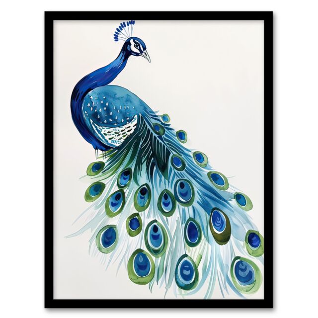 Artery8 Blue Peafowl Peacock Tail Feathers Watercolour Framed Wall Art - Size: A4 - image 1