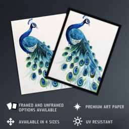 Artery8 Blue Peafowl Peacock Tail Feathers Watercolour Framed Wall Art - Size: A4 - thumbnail 2