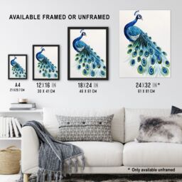 Artery8 Blue Peafowl Peacock Tail Feathers Watercolour Framed Wall Art - Size: A4 - thumbnail 3