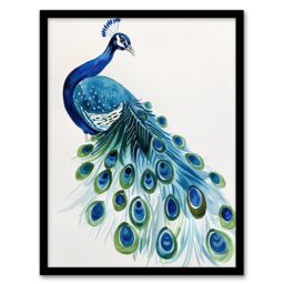 Artery8 Blue Peafowl Peacock Tail Feathers Watercolour Framed Wall Art - Size: A4 - thumbnail 1
