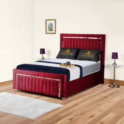 UK Bed Furniture Chrome Edge Slatted Base Upholstered Bed Frame with 48-inch Headboard in Maroon - Size: King - thumbnail 1