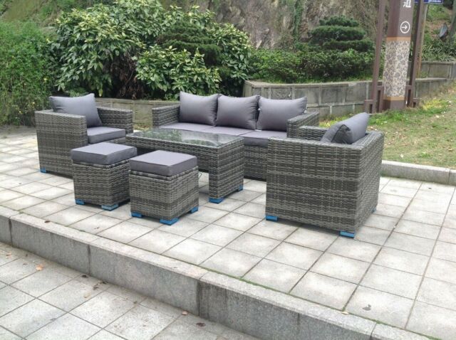 Fimous Wicker Rattan Garden Furniture Sofa Sets Outdoor Patio Coffee Table With Stools Grey mixed in Dark Grey - image 1