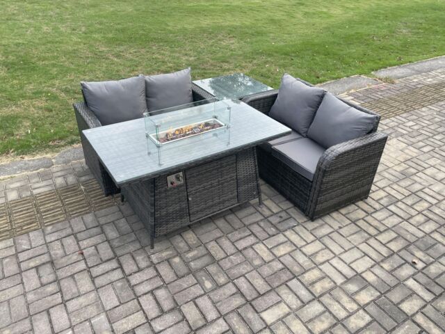 Fimous Rattan Garden Furniture Set with Gas Fire Pit Table 4 Pieces Outdoor Loveseat Sofa Set Dark Grey Mixed - image 1