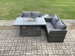 Fimous Rattan Garden Furniture Set with Gas Fire Pit Table 4 Pieces Outdoor Loveseat Sofa Set Dark Grey Mixed - thumbnail 3