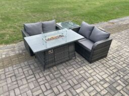 Fimous Rattan Garden Furniture Set with Gas Fire Pit Table 4 Pieces Outdoor Loveseat Sofa Set Dark Grey Mixed - thumbnail 1