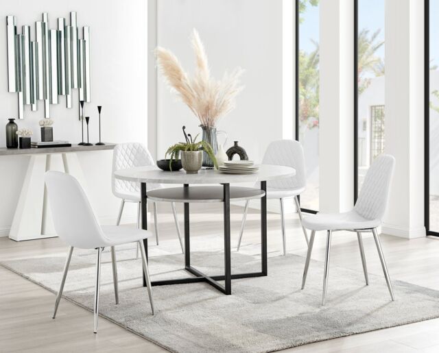 FurnitureboxUK Adley Grey Concrete Effect Round Dining Table & 4 Corona Silver Chairs in White - image 1