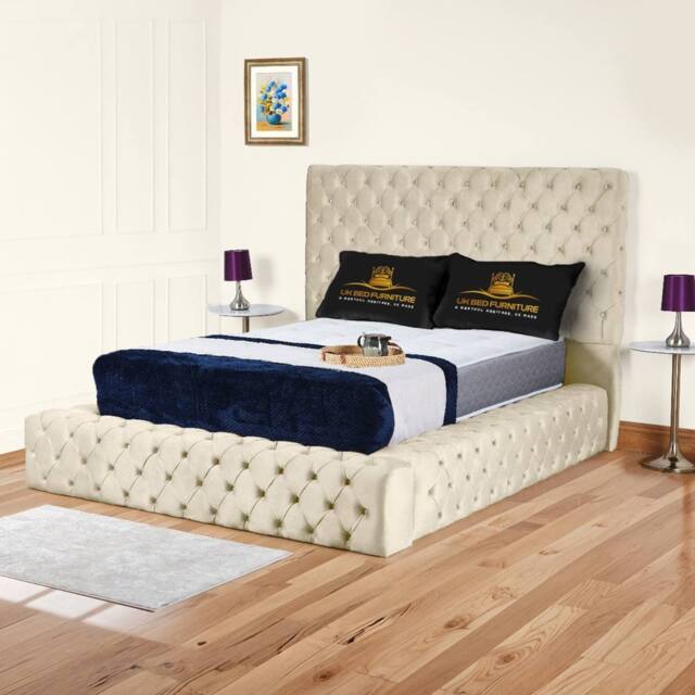 UK Bed Furniture Ambassador Upholstered Bed Frame with 54-inch Headboard - Slatted Base in Cream - Size: Small Double - image 1
