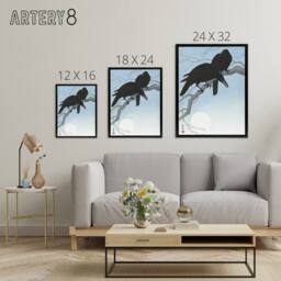 "Artery8 Two Crows On A Tree Branch Framed Canvas Wall Art Print Ohara Koson in Blue - Size: W12"" x H16""" - thumbnail 4