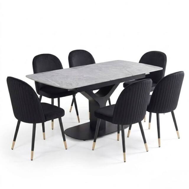 HOME LUXE INTERIOR Sapphire 140-180cm Extending Grey Quartz Table & 6 Black Liza Chairs - image 1