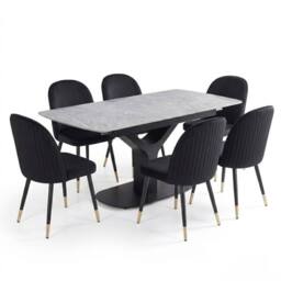 HOME LUXE INTERIOR Sapphire 140-180cm Extending Grey Quartz Table & 6 Black Liza Chairs - thumbnail 1