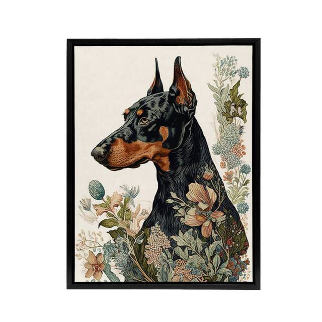 "Artery8 Doberman Dog With Wild Flowers Boho Framed Canvas Wall Art Print - Size: W12"" x H16""" - image 1