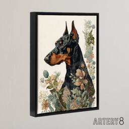 "Artery8 Doberman Dog With Wild Flowers Boho Framed Canvas Wall Art Print - Size: W12"" x H16""" - thumbnail 2