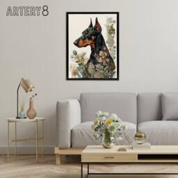 "Artery8 Doberman Dog With Wild Flowers Boho Framed Canvas Wall Art Print - Size: W12"" x H16""" - thumbnail 3