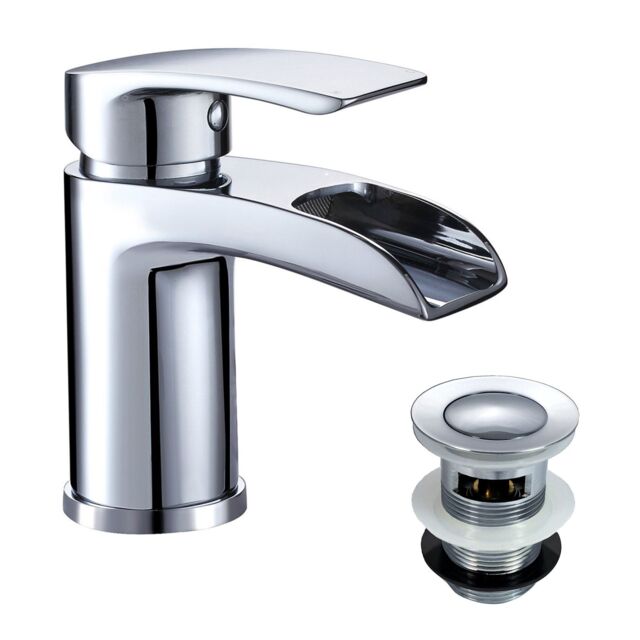 Nes Home Chrome Cloakroom Waterfall Basin Mono Mixer Tap Brass with Waste in Silver