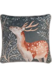 Dreams & Drapes 'Forest Animals' Deer Print Velvet Filled Cushion in Green - Size: 43 cm x 43 cm - thumbnail 2