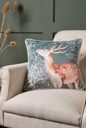 Dreams & Drapes 'Forest Animals' Deer Print Velvet Filled Cushion in Green - Size: 43 cm x 43 cm