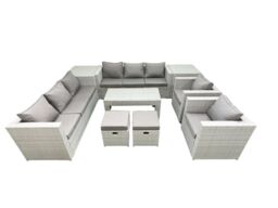 Fimous Outdoor Garden Furniture Rattan Sofa Set with 2 Armchairs Oblong Coffee Table 2 Small Footstools 2 Side Tables Light Grey Mixed - thumbnail 1