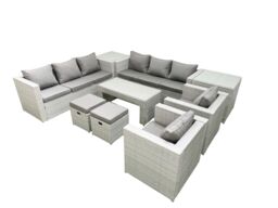 Fimous Outdoor Garden Furniture Rattan Sofa Set with 2 Armchairs Oblong Coffee Table 2 Small Footstools 2 Side Tables Light Grey Mixed - thumbnail 2
