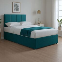 "Bed Time UK Plush Divan Bed with Mattress 20"" Vertical Line Headboard 2 Drawers in Teal - Size: Small Double" - thumbnail 3