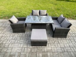 Fimous 5pcs Rattan Outdoor Garden Furniture Set Height Adjustable Rising Lifting Table Sofa Dining Set with Big Footstool Dark Grey Mixed - thumbnail 1