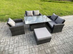 Fimous 5pcs Rattan Outdoor Garden Furniture Set Height Adjustable Rising Lifting Table Sofa Dining Set with Big Footstool Dark Grey Mixed - thumbnail 2