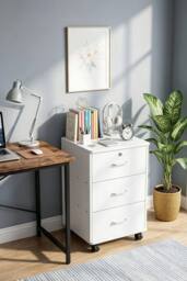 Living and Home White Lockable 3-Drawer Filing Cabinet with Casters