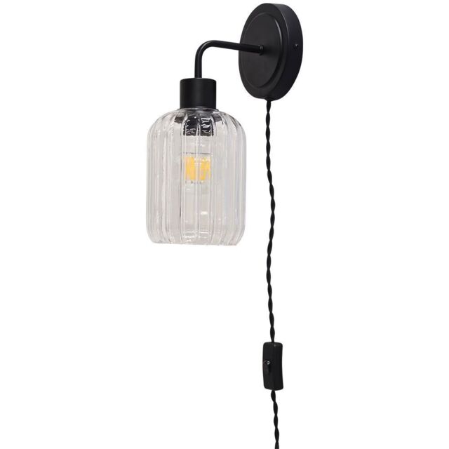 First Choice Lighting Toby - Black Plug in Wall Light with Lozenge Ribbed Glass Shade - image 1