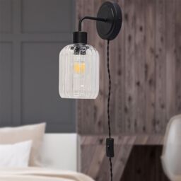 First Choice Lighting Toby - Black Plug in Wall Light with Lozenge Ribbed Glass Shade - thumbnail 3
