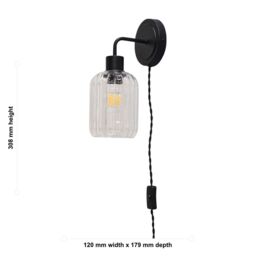 First Choice Lighting Toby - Black Plug in Wall Light with Lozenge Ribbed Glass Shade - thumbnail 5