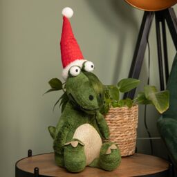 Samuel Alexander 48cm Green Sitting Christmas Dinosaur with Santa Hat - thumbnail 1