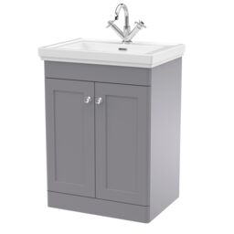 Balterley Bathroom Floor 2-Door Vanity Unit & Fireclay Basin, Grey, 600mm in Grey - thumbnail 1