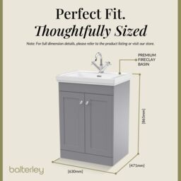 Balterley Bathroom Floor 2-Door Vanity Unit & Fireclay Basin, Grey, 600mm in Grey - thumbnail 5