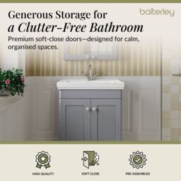 Balterley Bathroom Floor 2-Door Vanity Unit & Fireclay Basin, Grey, 600mm in Grey - thumbnail 3