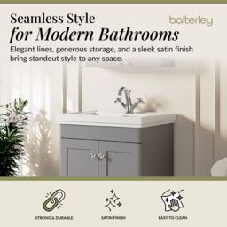 Balterley Bathroom Floor 2-Door Vanity Unit & Fireclay Basin, Grey, 600mm in Grey - thumbnail 2