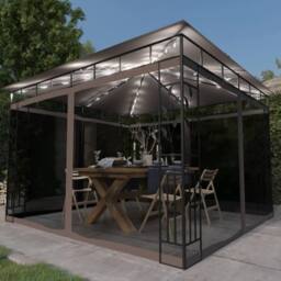 Berkfield Home Gazebo with Mosquito Net&LED String Lights 3x3x2.73 m Taupe in Beige - thumbnail 2
