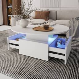 KEEPREAPER Round LED Coffee Table with Storage & 2 Sliding Drawers Acrylic in White - thumbnail 2
