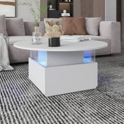 KEEPREAPER Round LED Coffee Table with Storage & 2 Sliding Drawers Acrylic in White - thumbnail 3
