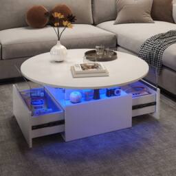 KEEPREAPER Round LED Coffee Table with Storage & 2 Sliding Drawers Acrylic in White