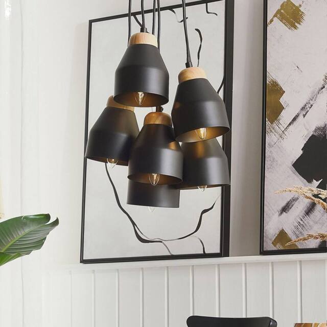 Wyld and Coco Cluster Pendant Lamp - Black Metal and Light Wood 6 Integrated Lights - image 1