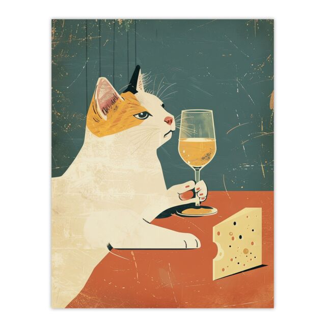 "Artery8 Wall Art Print Cat Drinking Glass of Wine with Cheese Painting Poster in Orange - Size: W24"" x H32""" - image 1