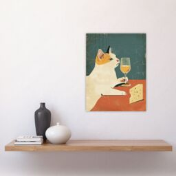 "Artery8 Wall Art Print Cat Drinking Glass of Wine with Cheese Painting Poster in Orange - Size: W24"" x H32""" - thumbnail 4